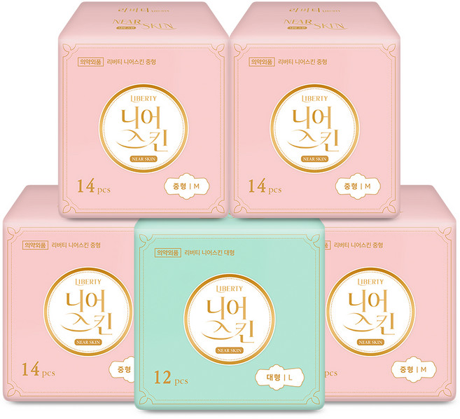 리버티 니어스킨 생리대 중형 날개형 14p x 5팩 + 대형 날개형 12p 세트, 68개입, 1세트