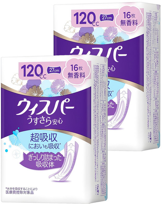 whisper 好自在 日本原裝進口 舒爽超吸收成人護墊 成人尿布 無香 120cc 無翼型, 27cm, 16片, 2包