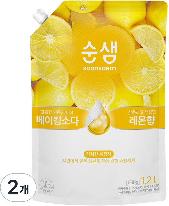 순샘 베이킹소다 레몬 주방세제 리필, 1.2L, 2개