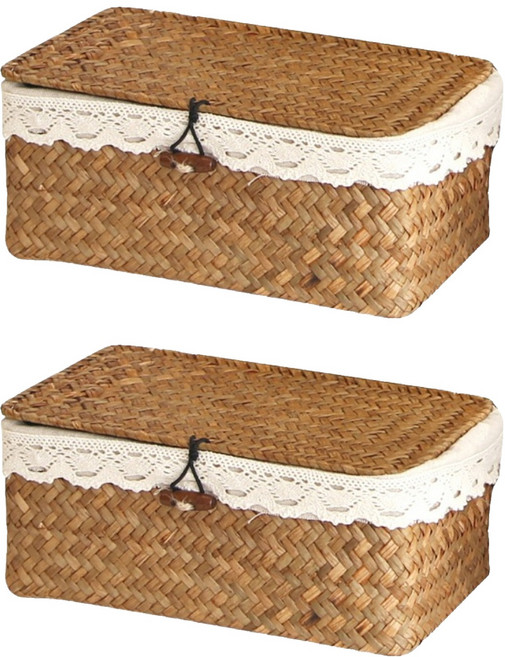 공간안애 뚜껑 사각 라탄바구니 + 커버 세트, 네츄럴, 2세트