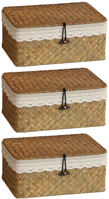내일의공간 뚜껑 사각 라탄 바구니 + 커버 세트, 네츄럴, 3세트
