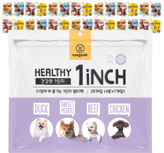 와그작 강아지 건강한 1인치 멀티팩 간식 28개입, 혼합맛(닭고기랑 야채/오리랑 야채/소고기랑 야채/고구마랑 야채), 560g, 1세트