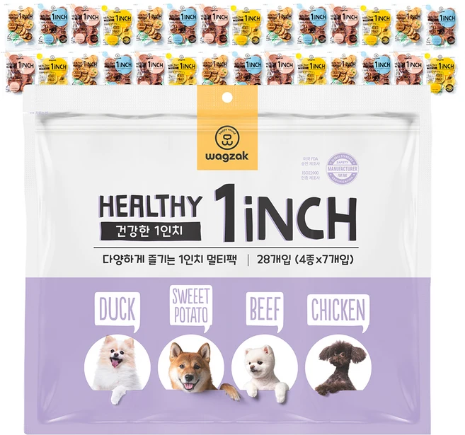 와그작 강아지 건강한 1인치 멀티팩 간식 28개입, 혼합맛(닭고기랑 야채/오리랑 야채/소고기랑 야채/고구마랑 야채), 560g, 1세트 - 쿠팡