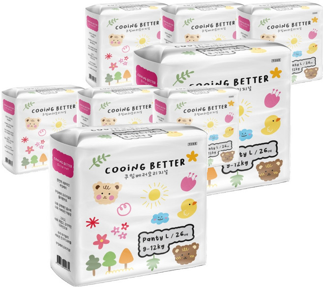 Cooing 베러 오리지널 팬티형 기저귀, 대형(L), 208매