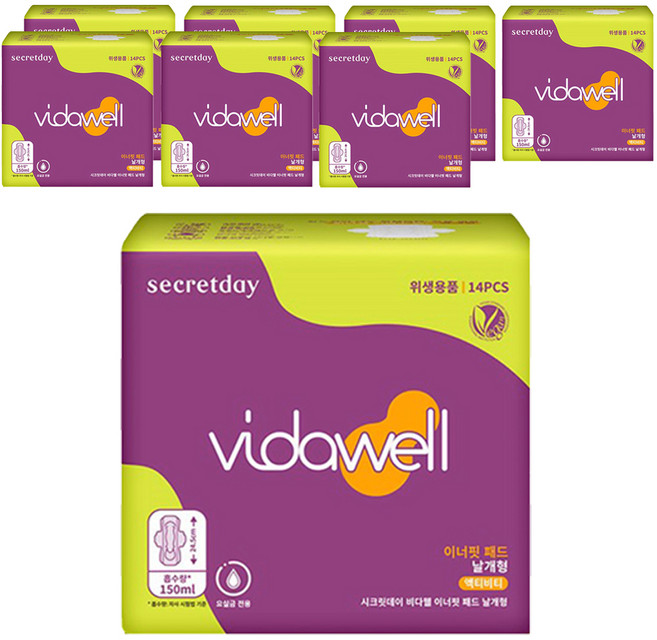 [비건라이프] 비다웰 시크릿데이 비다웰 이너핏 요실금 패드 날개형 성인기저귀, 14개입, 8개