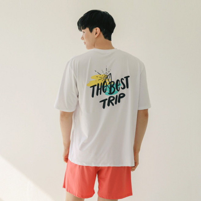 튜브트리 남성용 반팔 래쉬가드 + 비치팬츠 세트 AE6218, 화이트+레드