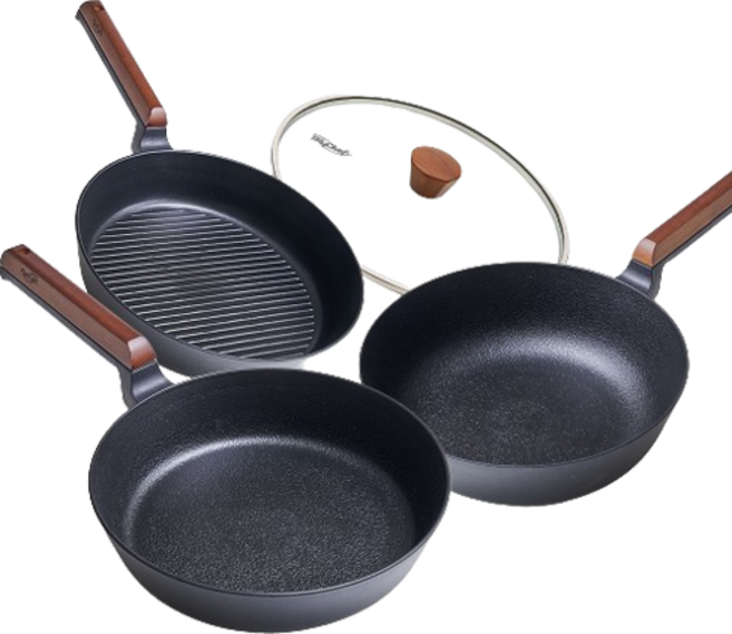 도루코 마이셰프 인덕션 헤이즐 3종, 블랙 + 우드, 프라이팬 28cm + 궁중팬 28cm + 그릴팬 26cm + 유리뚜껑 28cm, 1개