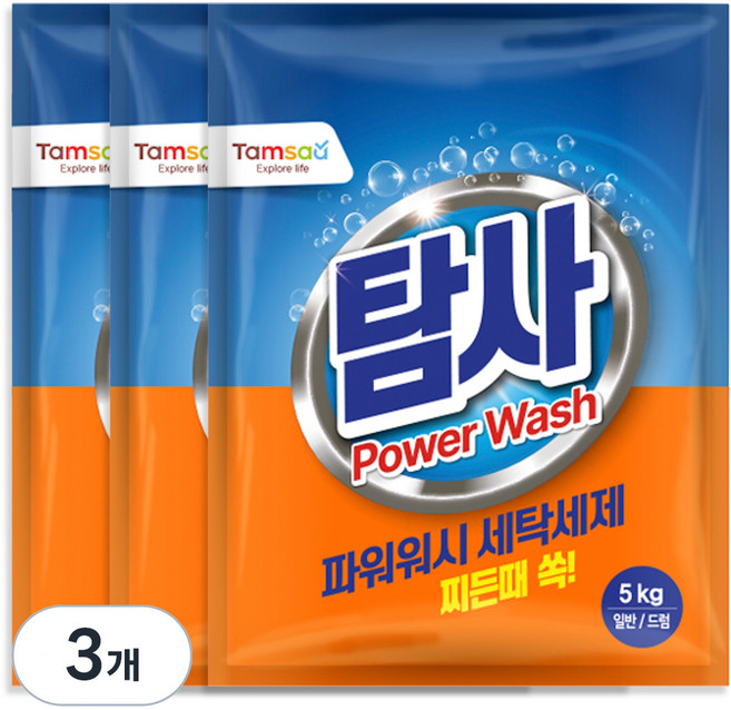 탐사 찬물에서도 강한 파워워시 일반드럼 겸용 분말 세제 리필, 5kg, 3개