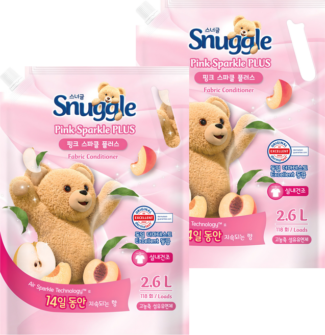 스너글 실내 건조 섬유유연제 핑크 스파클 플러스 리필, 2.6L, 2개