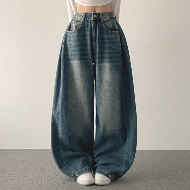 위드후이린 여성용 투투 사이드 핀턱 와이드 데님 팬츠