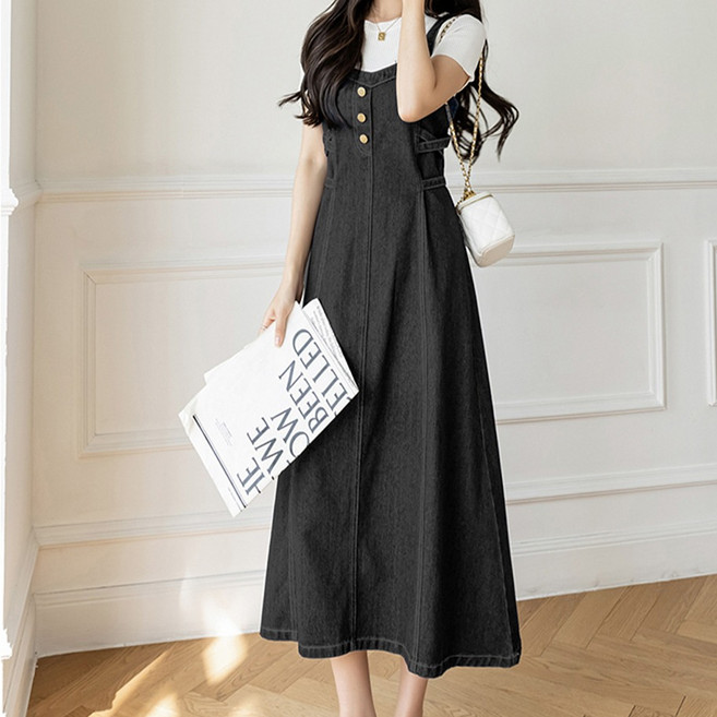 MEICHEL 大尺碼吊帶背心牛仔連身裙 04917 J, 黑藍