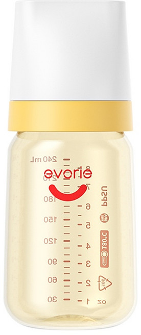 evorie 愛得利 特選PPSU寬口徑奶瓶 耐高溫 可水煮/蒸氣/紫外線消毒, 白色 + 黃色 + 透明色, 240ml, 1個