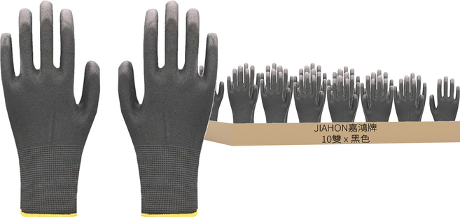 JIAHON 嘉鴻 合手型棉紗手套/PU塗掌手套, 黑色, 1包