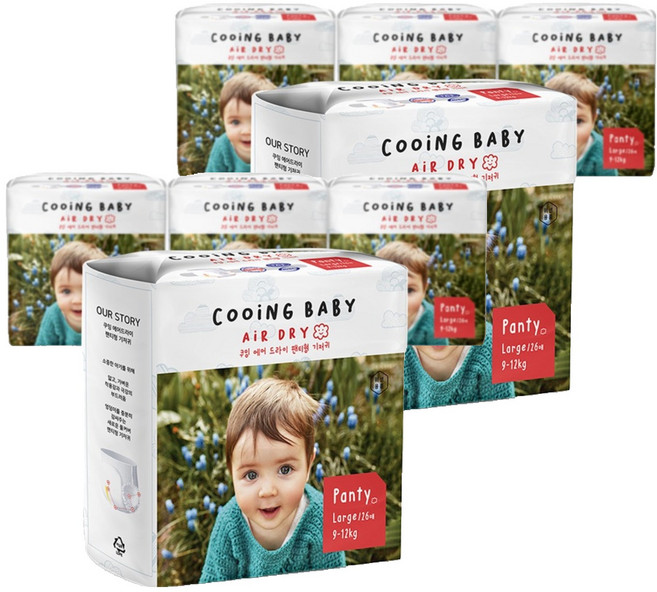 Cooing 에어 드라이 풀커버 팬티형 기저귀 어린이용, 대형(L), 208매