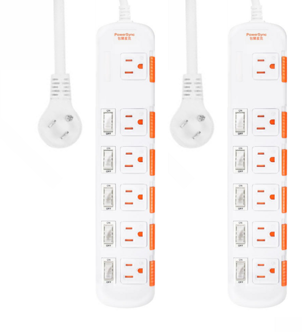 PowerSync 群加 6開6插安全防塵防雷擊延長線 TS6X9027, 2.7m, 白色, 2個