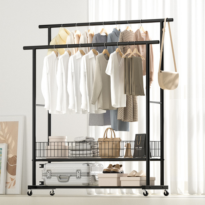 코멧 2단 이동식 대용량 수납 선반 행거, 블랙