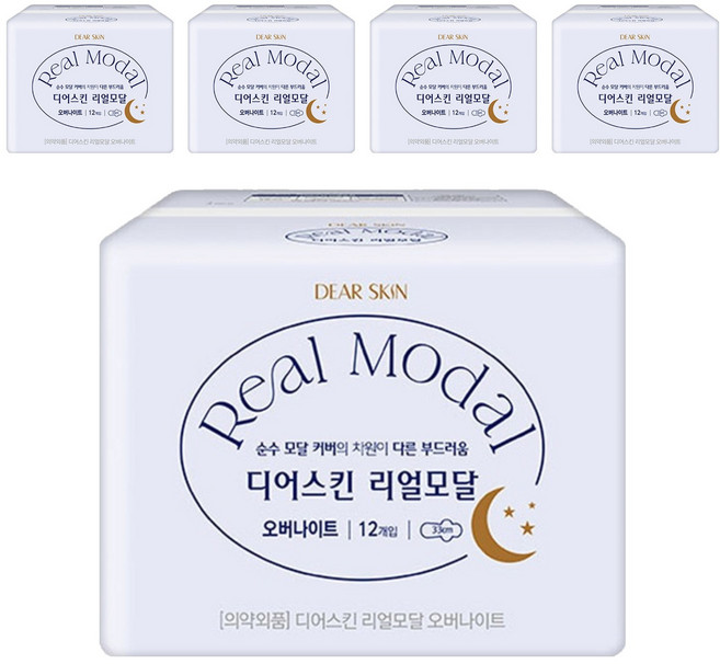 디어스킨 리얼모달 생리대, 오버나이트, 12개입, 5개