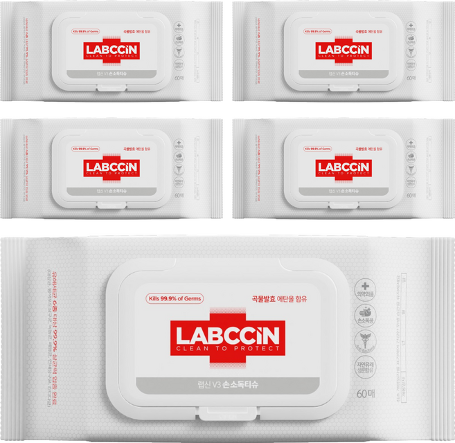 랩신 V3 손소독티슈 캡형, 60개입, 5개