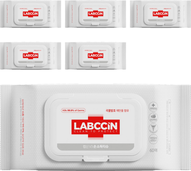 랩신 V3 손소독 티슈 캡형, 60매, 6개