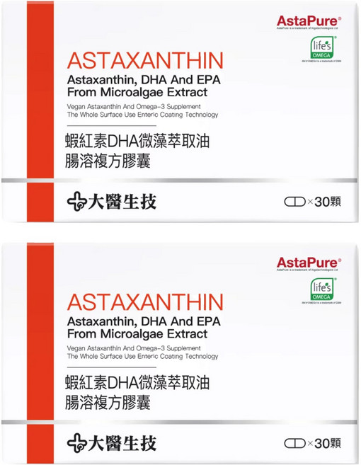 大醫生技 蝦紅素DHA微藻萃取油腸溶複方膠囊, 30顆, 0.6g, 2盒