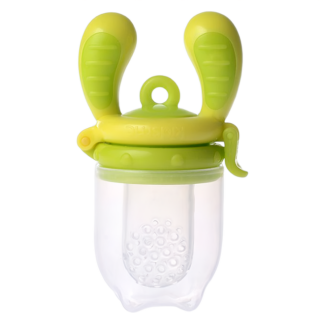 kidsme 咬咬樂輔食器 食物餵哺器&固齒器 可愛兔耳握柄 美國FDA安全認可矽膠材質, 綠黃色, 1個