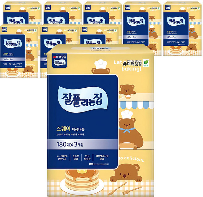 잘풀리는집 스퀘어 천연펄프 미용티슈 2겹, 9개, 3개입