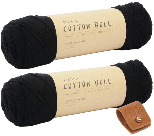 브랜드얀 올 뉴 코튼롤 뜨개실 2p + 솔트레지 + 가죽라벨, 02오브시디언, 1개