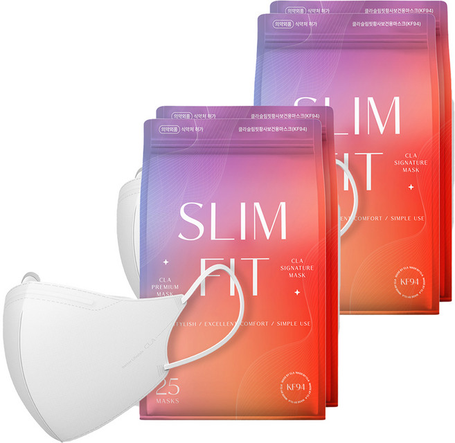 CLA 슬림핏 라이트 패키지 새부리형 보건용 마스크 소형 KF94, 25개입, 4개, 화이트