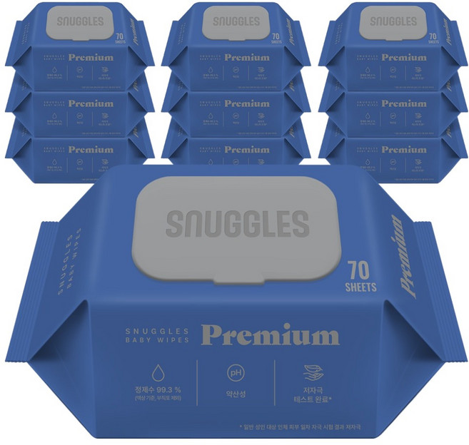 스너글스 프리미엄 유아용 피부 저자극 인증 고평량 아기물티슈 엠보싱 캡형, 10팩, 70매, 75g