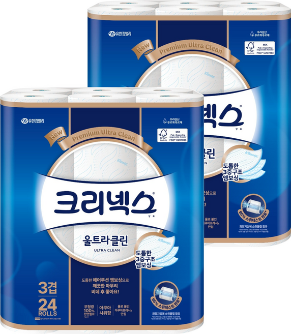 크리넥스 울트라클린 천연펄프 3겹 고급롤화장지, 25m, 24개입, 2개