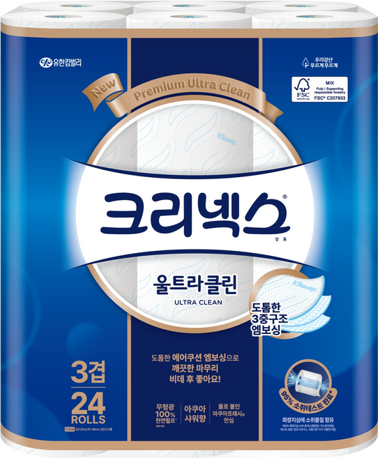 크리넥스 울트라클린 천연펄프 3겹 고급롤화장지, 25m, 24개입, 1개