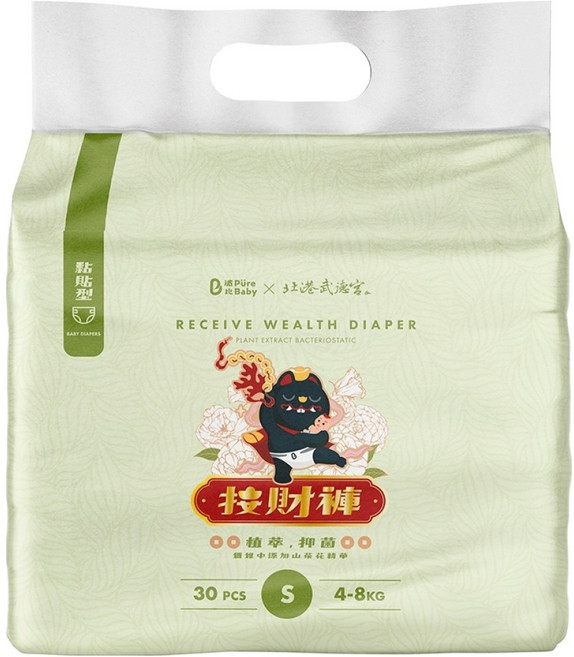 波比 PureBaby 植萃抑菌接財褲 黏貼型 4~8kg, S, 30片