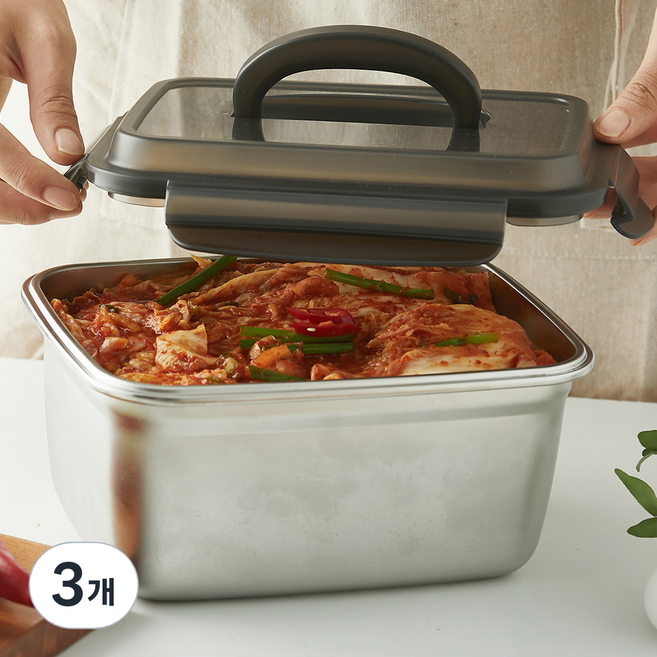 코멧 홈 다양하게 사용하는 스테인리스 304 직사각 밀폐 김치통, 3개, 2.8L