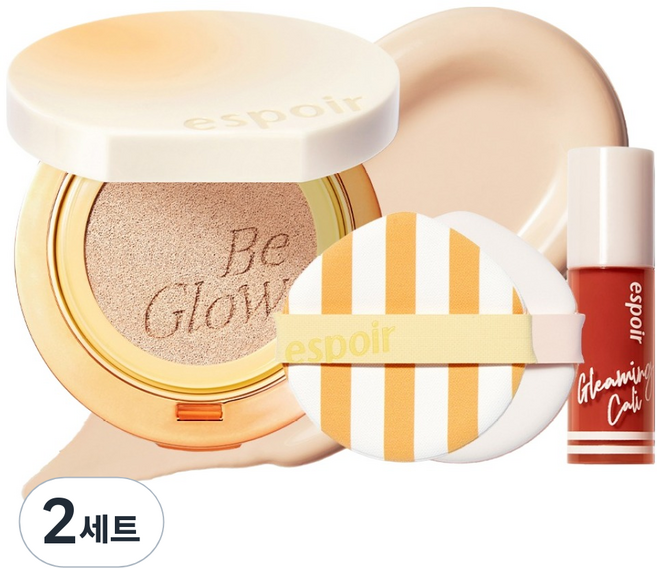 espoir 艾絲珀 Be Glow 豐盈氣墊粉底 13g SPF42 PA+++ + 粉撲 2入 + 護唇釉 2g 光澤凱莉版套組, 20號 香草, 2套