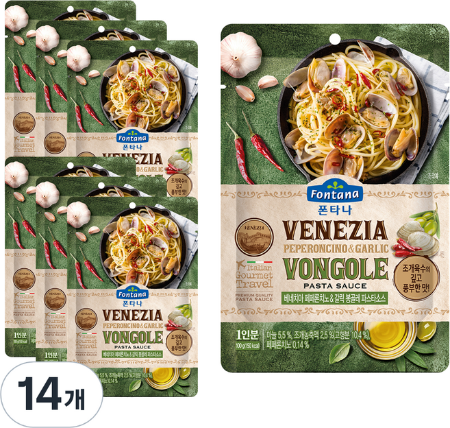 폰타나 베네치아 페페론치노 갈릭 봉골레 파스타소스 파우치, 100g, 14개