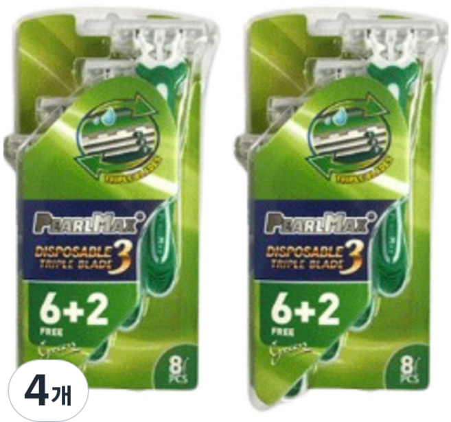 PearlMax 3단 블레이드 일회용면도기 그린, 4개, 8개입
