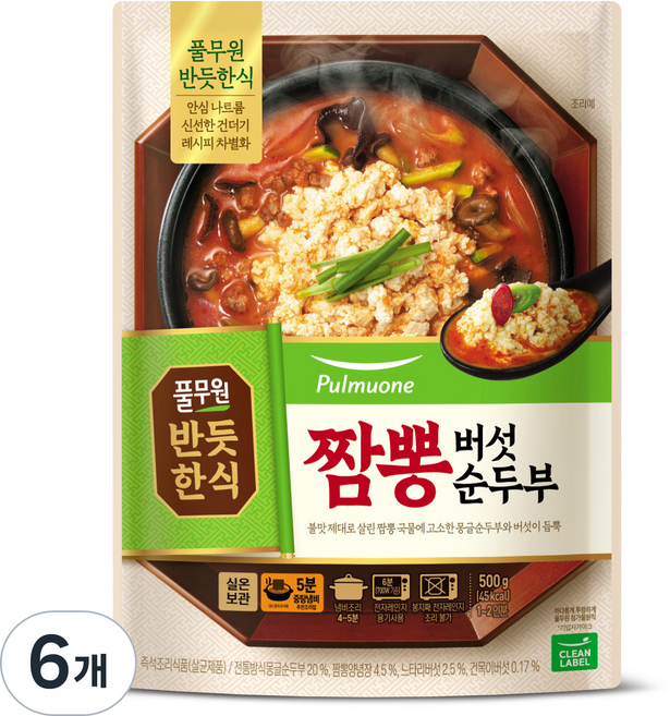 풀무원 반듯한식 짬뽕버섯 순두부, 500g, 6개
