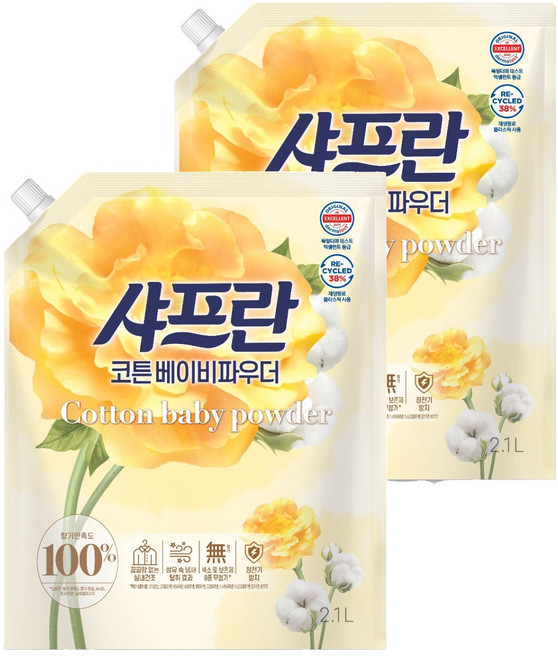 샤프란 섬유유연제 코튼 베이비파우더 리필, 2.1L, 2개
