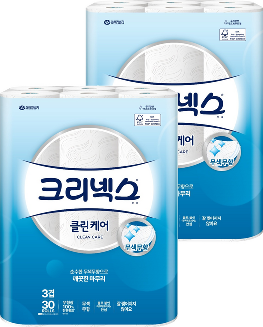 크리넥스 클린케어 3겹 30M, 30개입, 2개