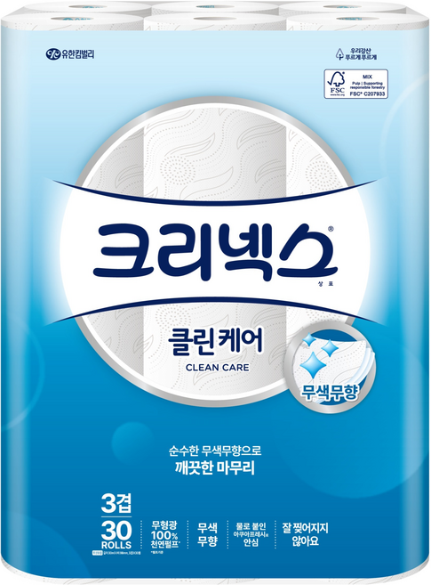 크리넥스 클린케어 천연펄프 3겹 롤화장지, 30m, 30개입, 1개