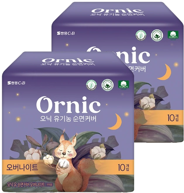오닉피노 유기농 순면커버 생리대 날개형, 오버나이트, 10개입, 2개 - 쿠팡