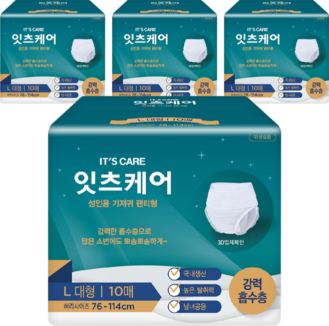 잇츠케어 남녀공용 성인기저귀 팬티형, 대형, 10개입, 4개