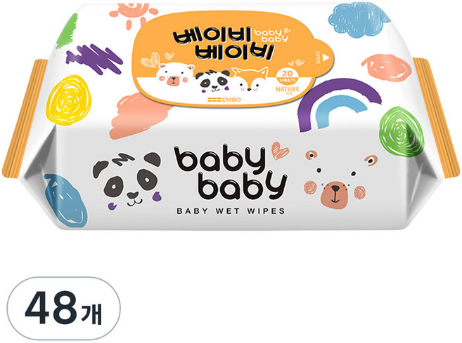 베이비베이비 아기 물티슈 휴대용 리필형, 62g, 20매, 48개