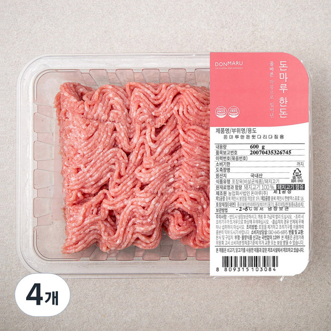돈마루 한돈 뒷다리 다짐육 (냉장), 600g, 4개
