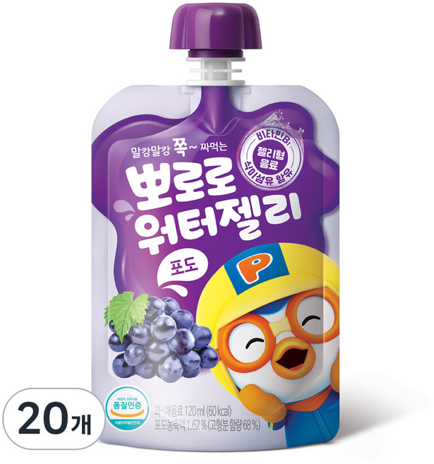 팔도 뽀로로 워터젤리, 포도, 120ml, 20개