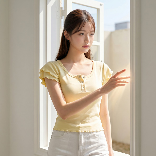 메이첼 여성용 브첼 U넥 프릴 소매 버튼 반팔 티셔츠 12979