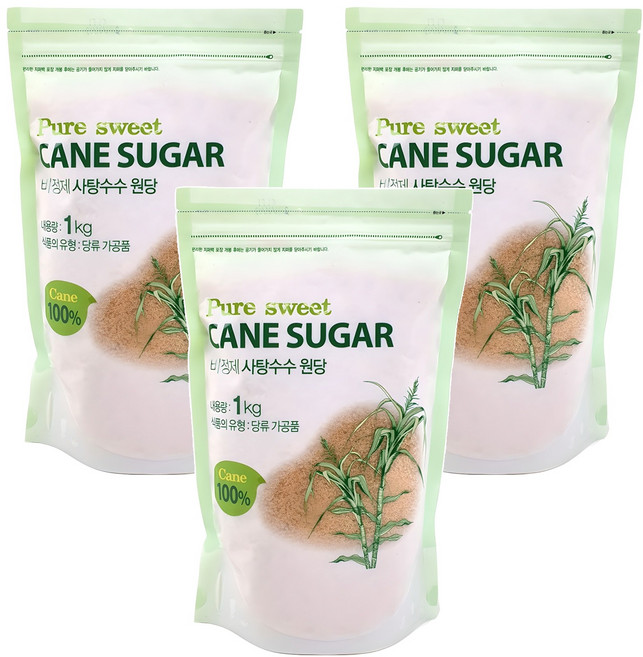캐인슈가 비정제 사탕수수 원당, 1kg, 3개