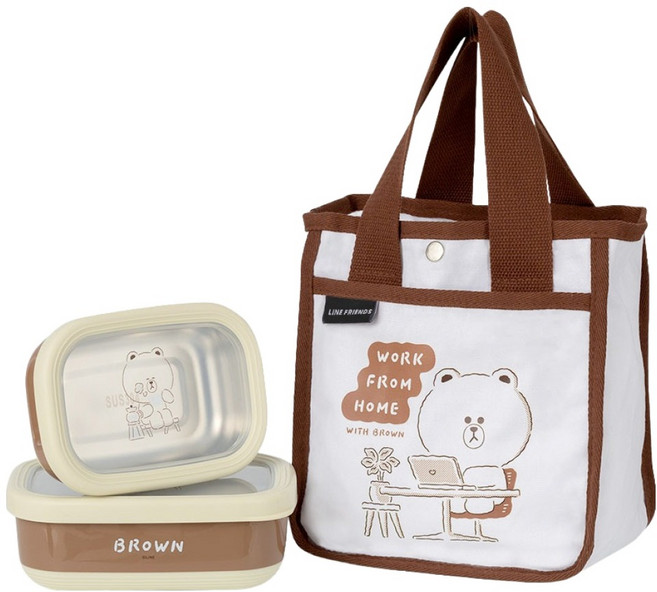 Hiromimi LINE FRIENDS 宅家手提保鮮盒3件組 外層塑膠PP材質 內層304不鏽鋼 輕便袋, 熊大, 1組