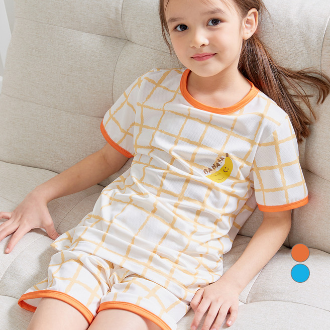 롤리트리 체크바나나 통기성 메쉬 5부 실내복 상하의 세트