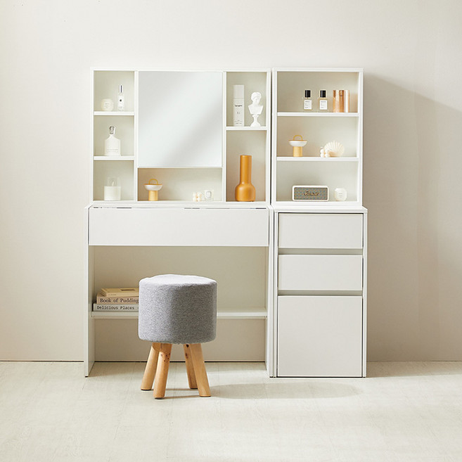 퍼피노 다나 서랍 수납거울 화장대 + 틈새수납장 + 일반스툴 800 세트 방문설치, 화장대,수납장(화이트), 스툴(그레이)